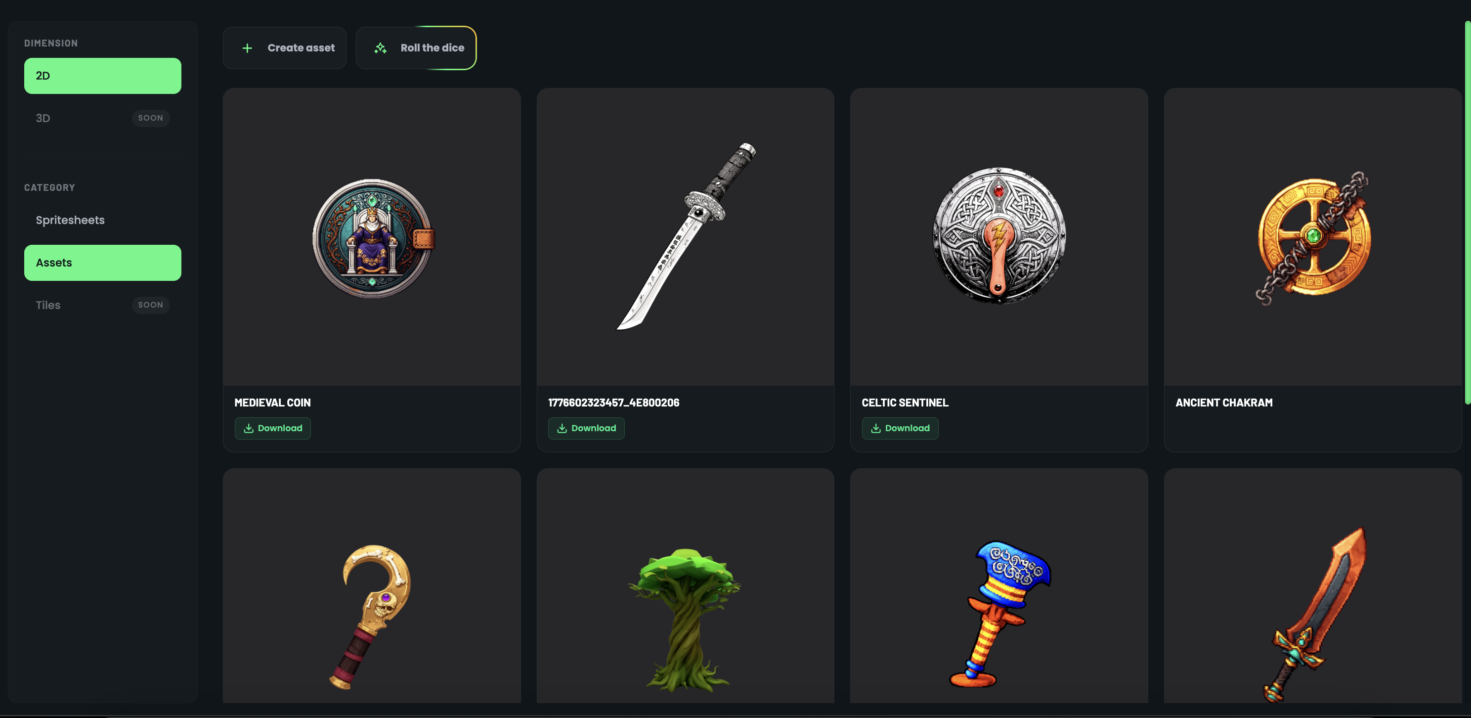 Asset creation dashboard with prompt input, art style selection, and reference image upload