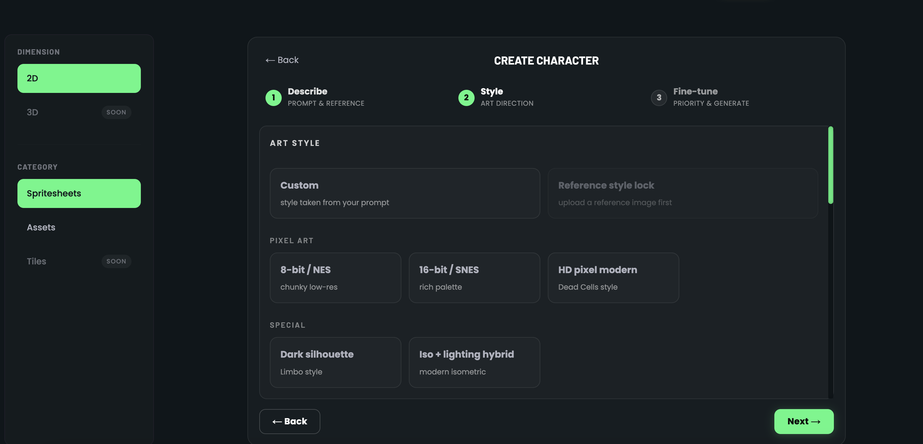 Art style selection grid for character generation with multiple pixel art styles