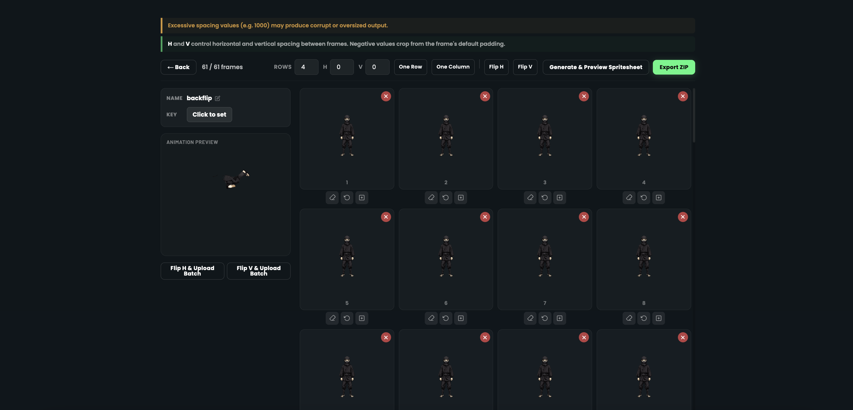 Spritesheet editor overview showing frame sequence, animation preview, and toolbar controls
